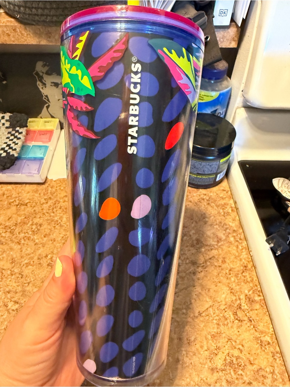 Starbucks Black Tumbler with Blue Dots and Neon Tropical Accents